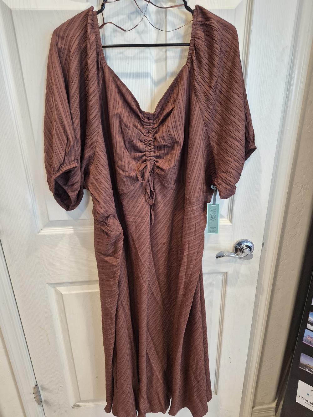 Brown-Striped Ruched Front Midi Dress NWT